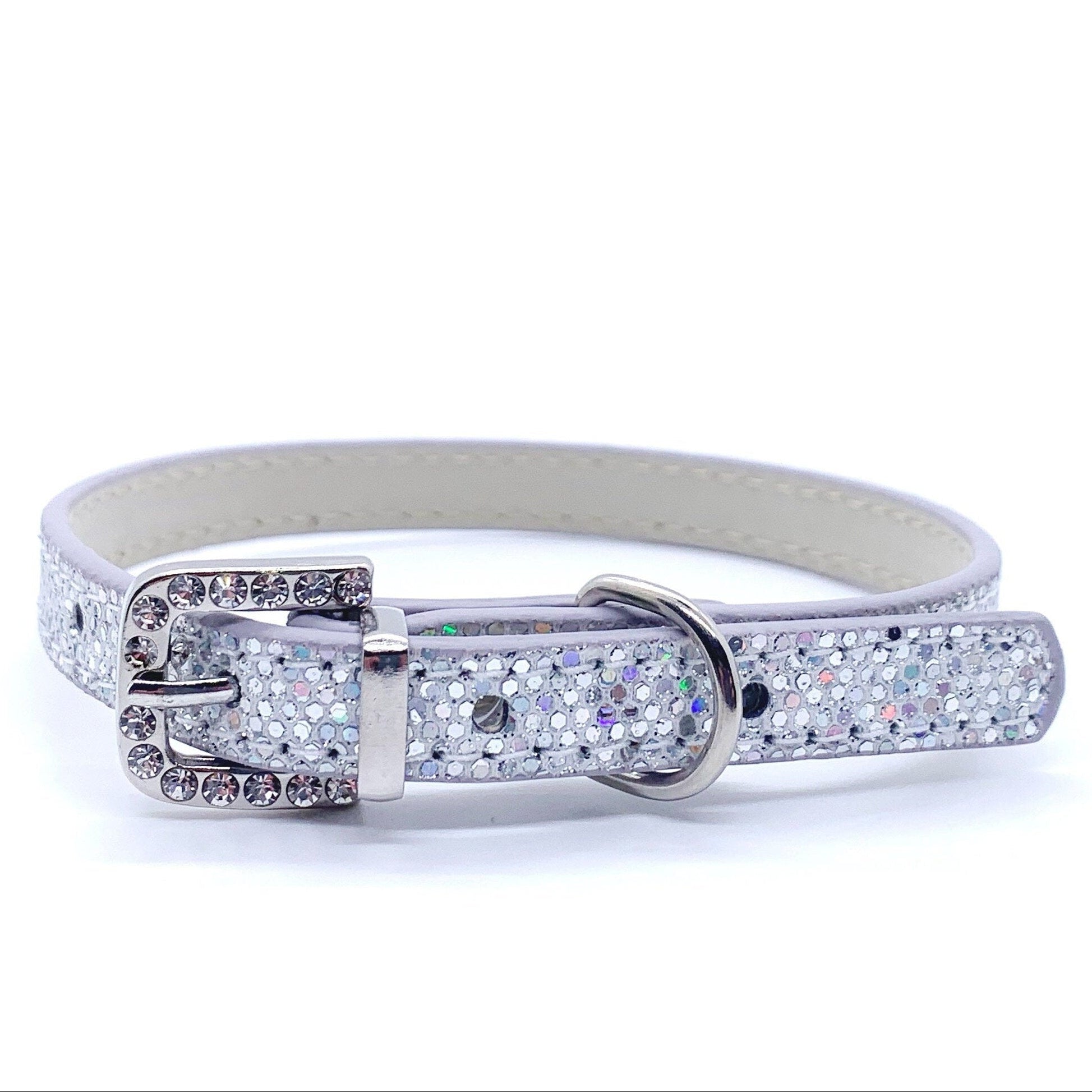 Silver glitter rhinestone pet collar with crystal-encrusted buckle and D-ring for cats and dogs