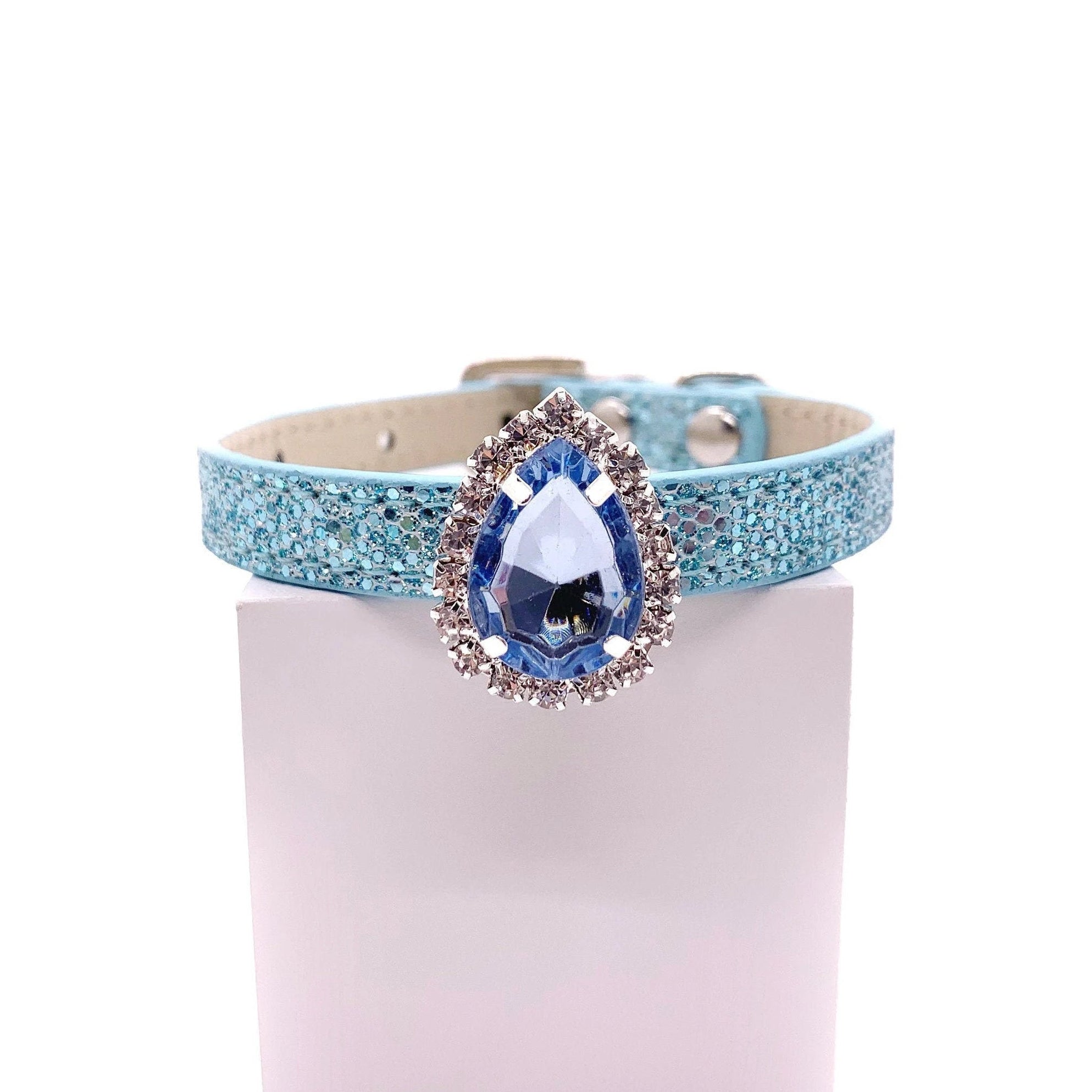 Luxury crystal pet collar blue glitter leather large teardrop blue gemstone halo rhinestone for cats and dogs