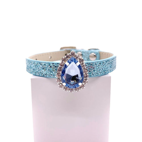 Luxury crystal pet collar blue glitter leather large teardrop blue gemstone halo rhinestone for cats and dogs