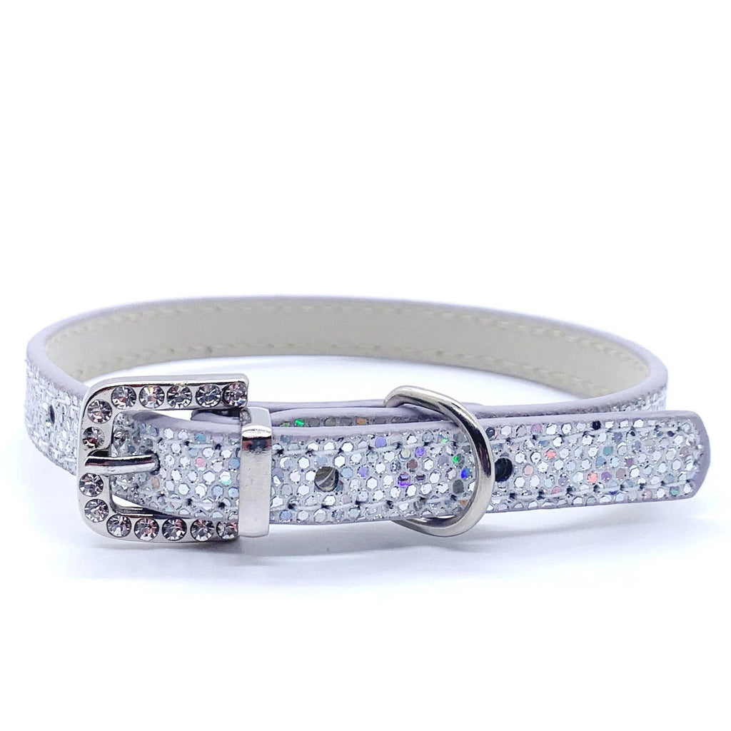 Silver iridescent glitter pet collar with crystal rhinestone-encrusted silver buckle and D-ring side angle view for cats and dogs