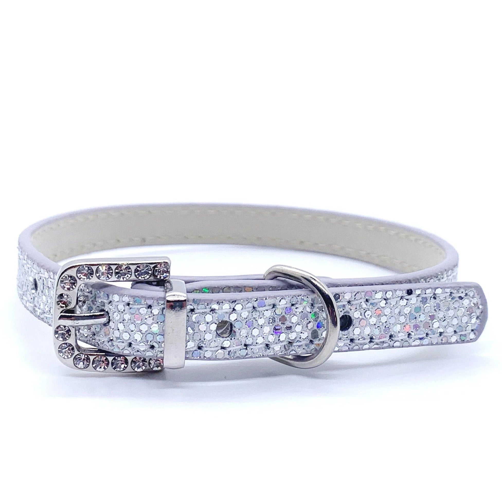 Silver iridescent glitter pet collar with crystal rhinestone-encrusted silver buckle and D-ring side angle view for cats and dogs
