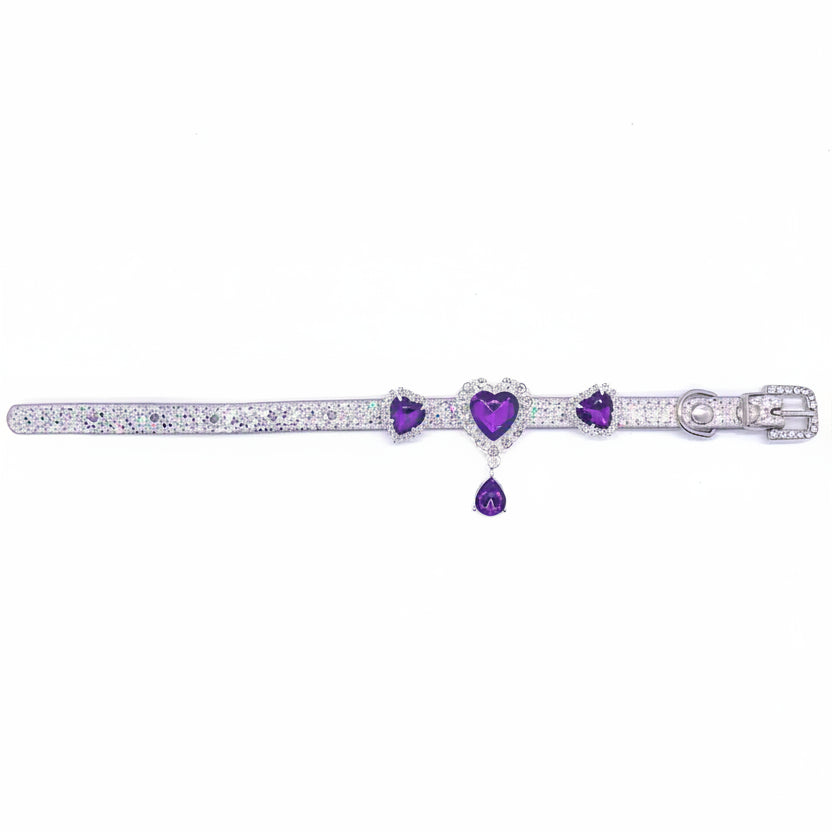 Silver glitter luxury pet collar with triple purple heart rhinestone charms, crystal halos, and dangling purple teardrop pendant