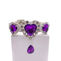 Triple purple heart rhinestone charm with crystal halos and dangling purple teardrop pendant for luxury pet collar