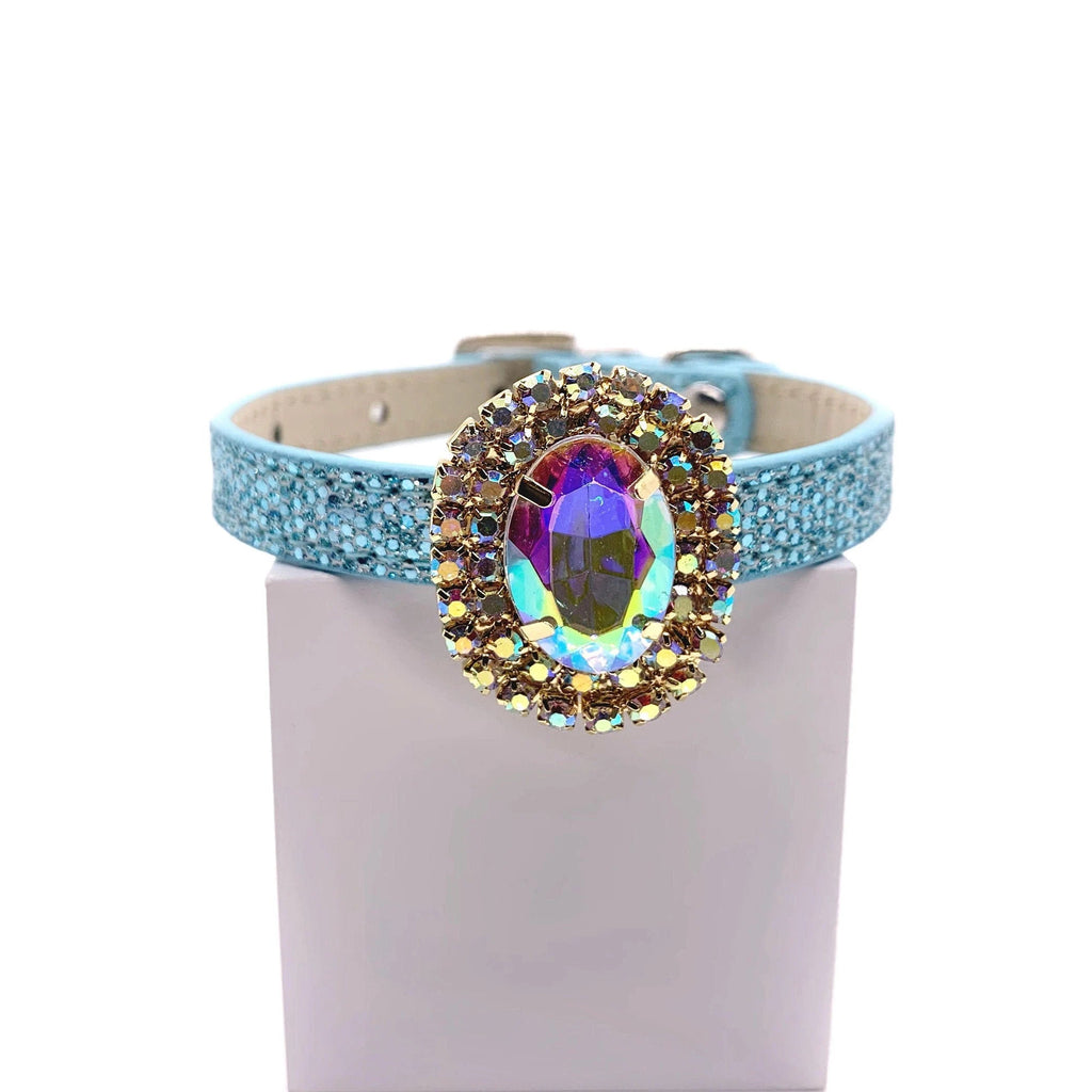 Baby blue glitter pet collar with aurora borealis iridescent oval crystal centerpiece and double halo of gold AB rhinestone accent stones for cats and dogs