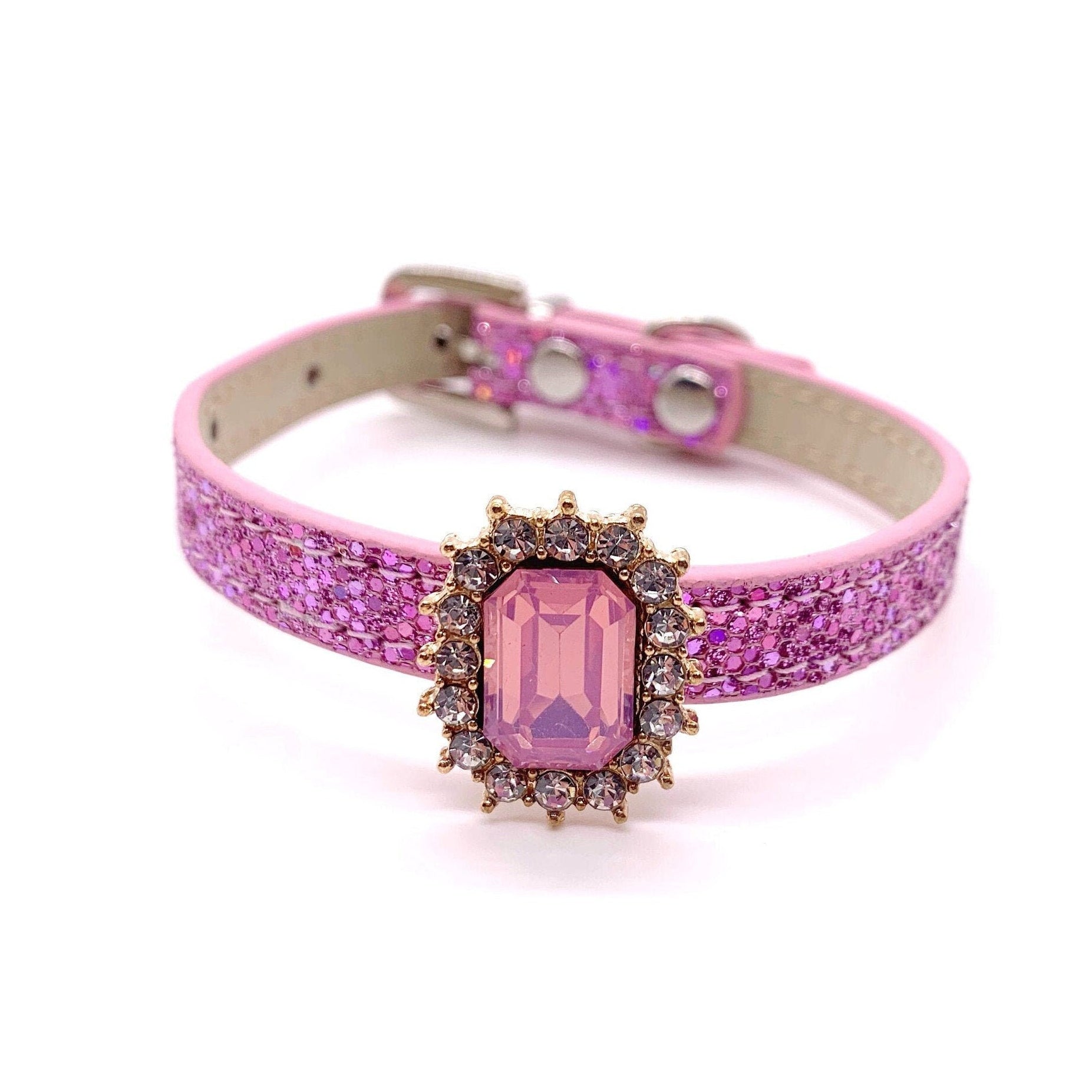 Luxury crystal pet collar pink glitter leather large pink emerald-cut gemstone halo rhinestone for cats and dogs