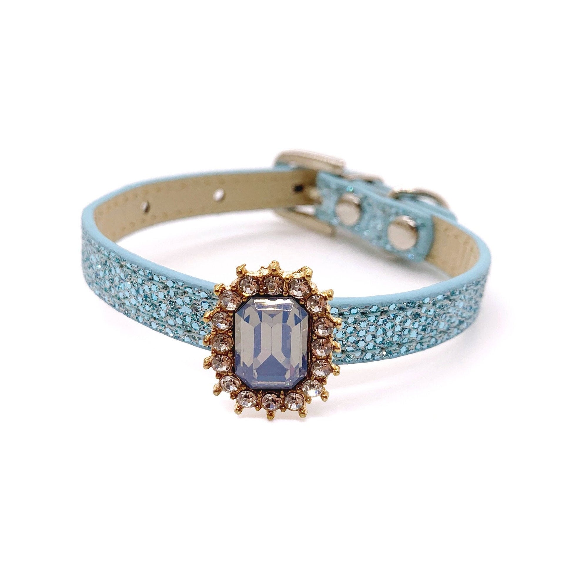 Luxury crystal pet collar blue glitter leather large lavender emerald-cut gemstone halo rhinestone for cats and dogs