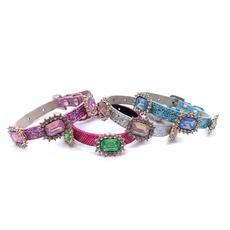 Luxury rhinestone pet collar glitter leather large gemstone halo charms pink hot pink silver blue four color options