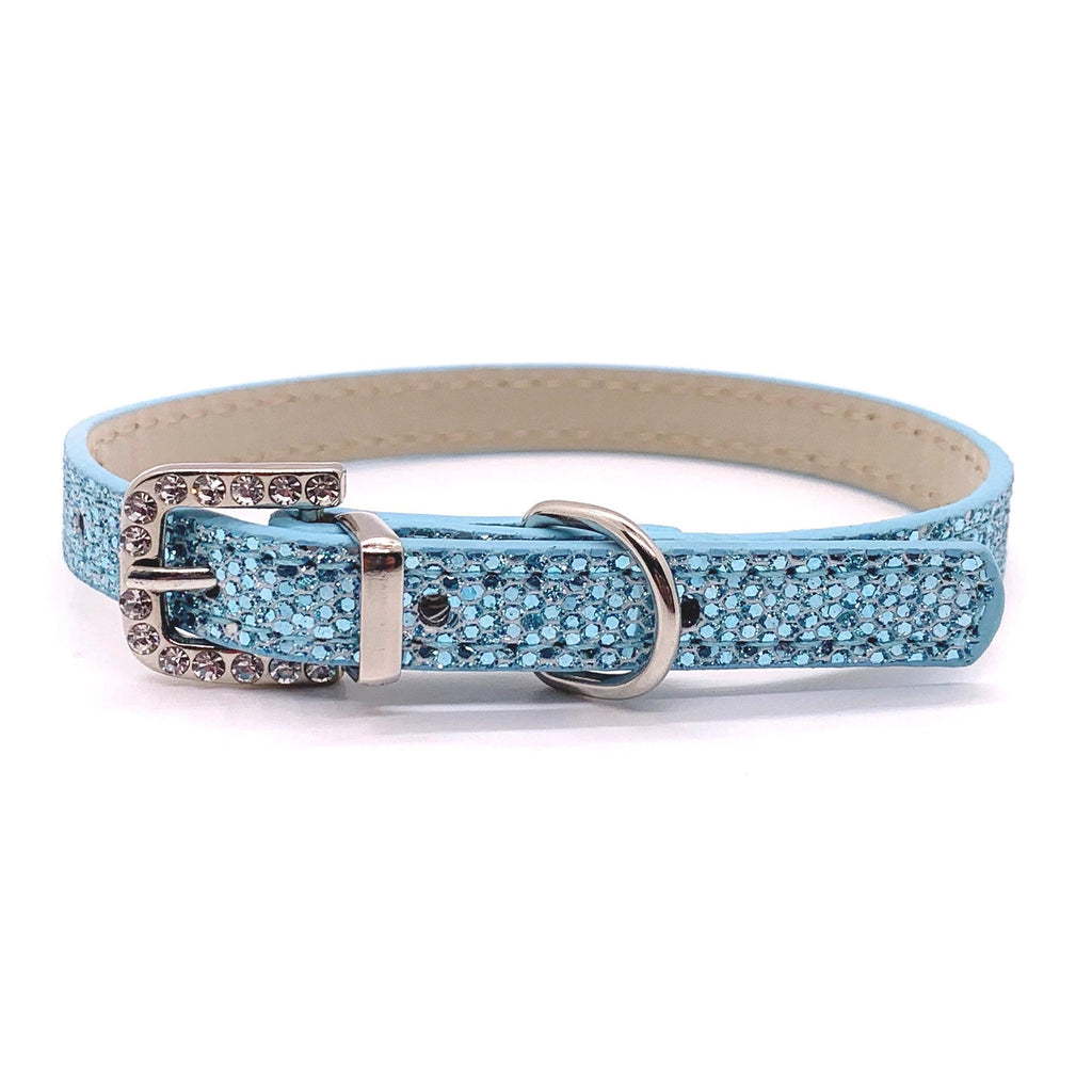 Blue glittery rhinestone pet collar with silver crystal-encrusted buckle and silver D-ring for cats and dogs