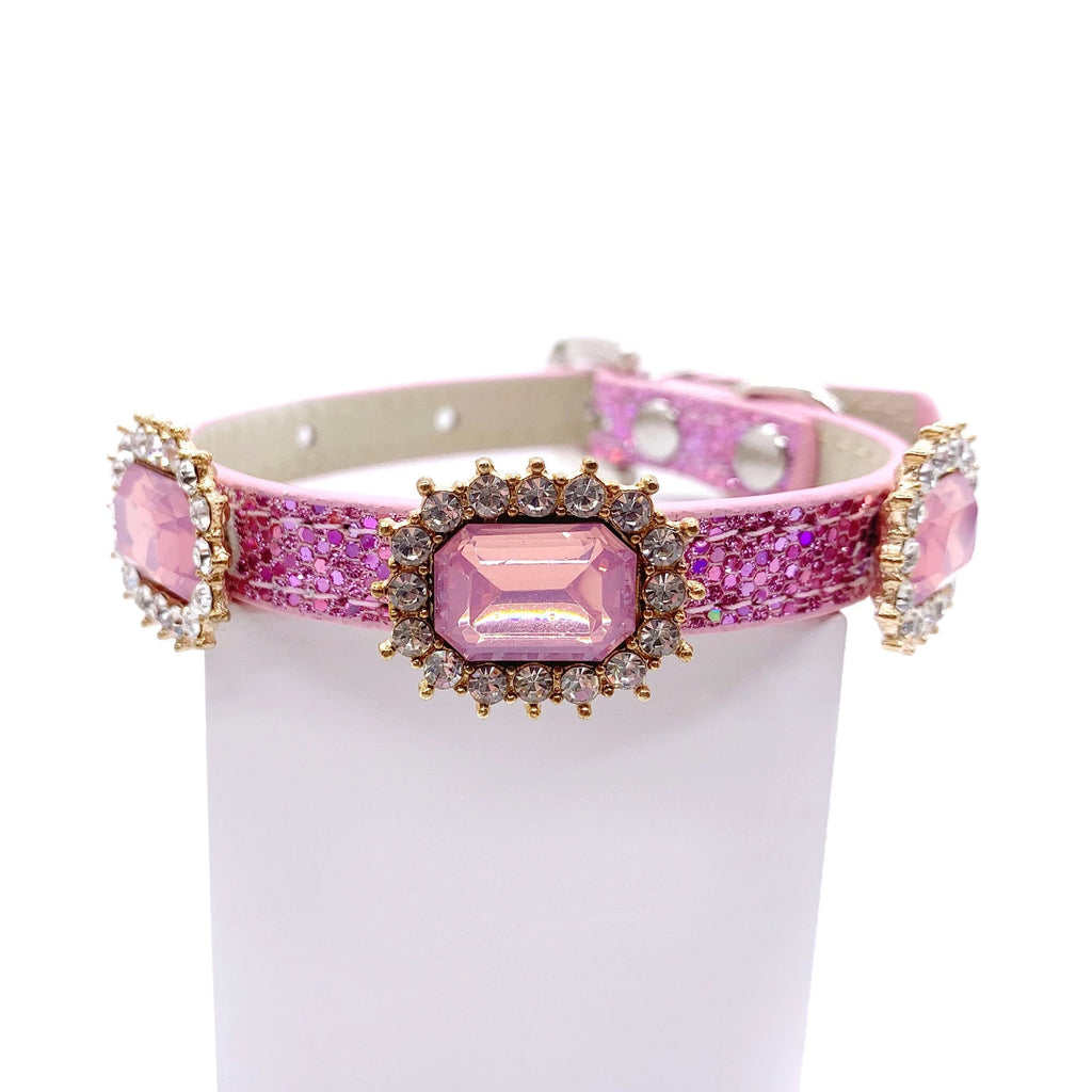 Luxury rhinestone pet collar pink glitter leather large iridescent pink gemstone halo gold setting