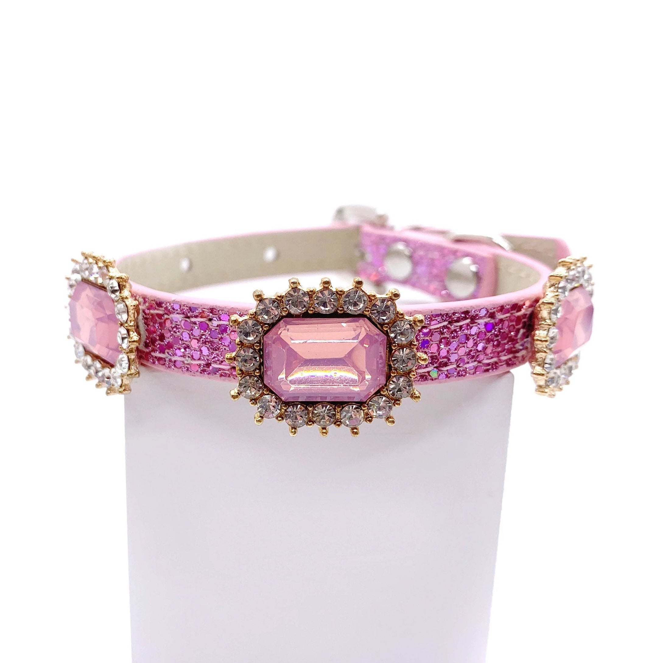 Luxury rhinestone pet collar pink glitter leather large iridescent pink gemstone halo gold setting