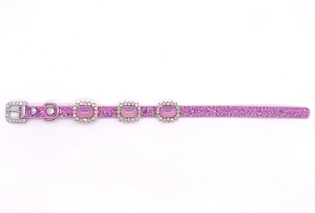 Luxury rhinestone pet collar pink glitter leather triple gemstone halo charms rhinestone buckle