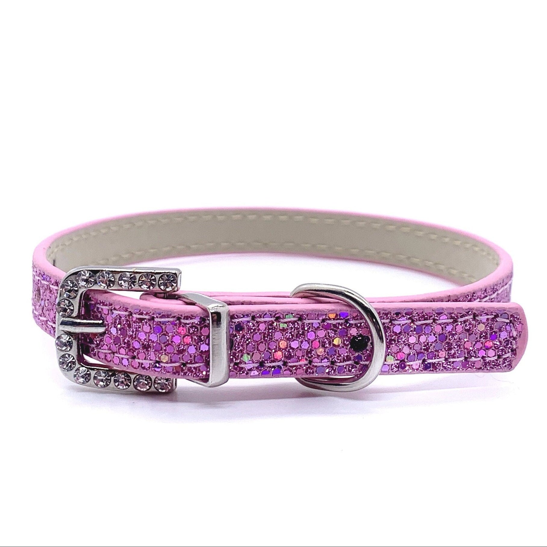 Pink glitter rhinestone pet collar with crystal-encrusted buckle and silver D-ring for cats and dogs