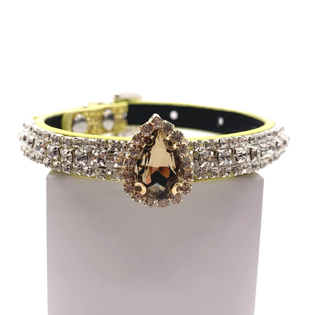 Yellow leather pet collar with triple-row champagne crystal rhinestone band and cognac brown teardrop centerpiece charm with gold halo setting for cats and dogs