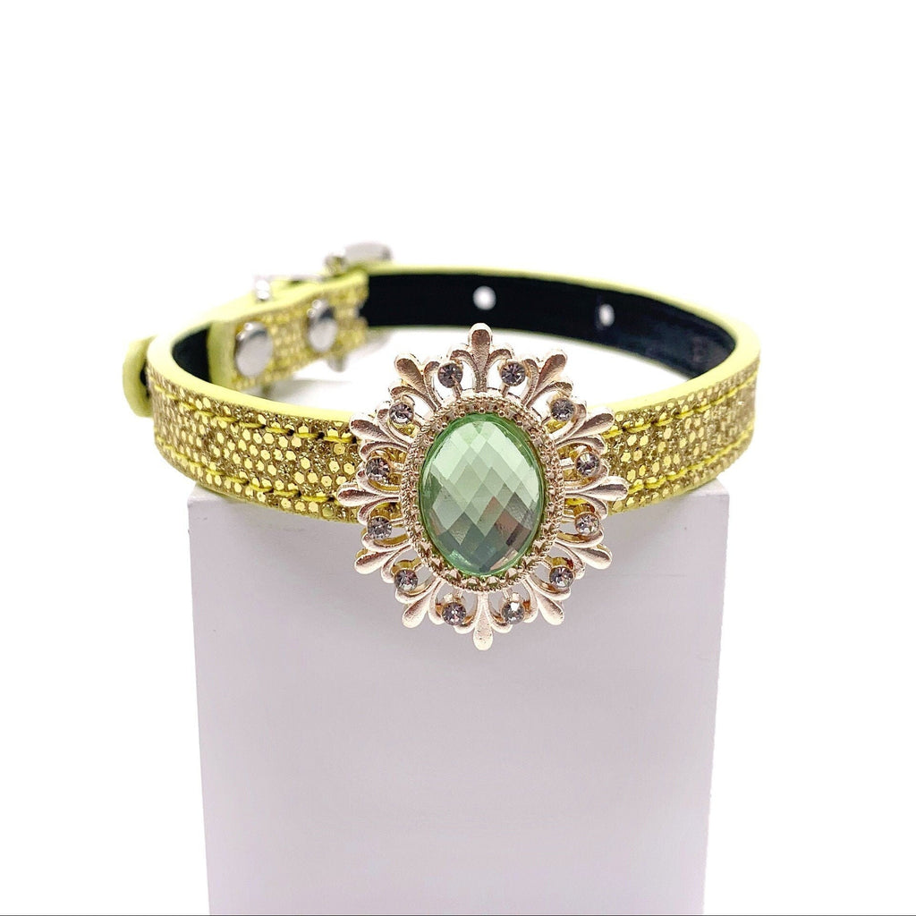 Yellow citrine glitter pet collar with gold sunflower brooch centerpiece, peridot green oval crystal gemstone, and rhinestone petal accents for cats and dogs