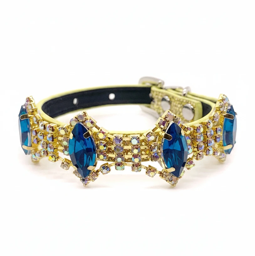 Yellow citrine glitter pet collar with full-band sapphire blue marquise rhinestones and aurora borealis crystal accent stones in gold settings for cats and dogs