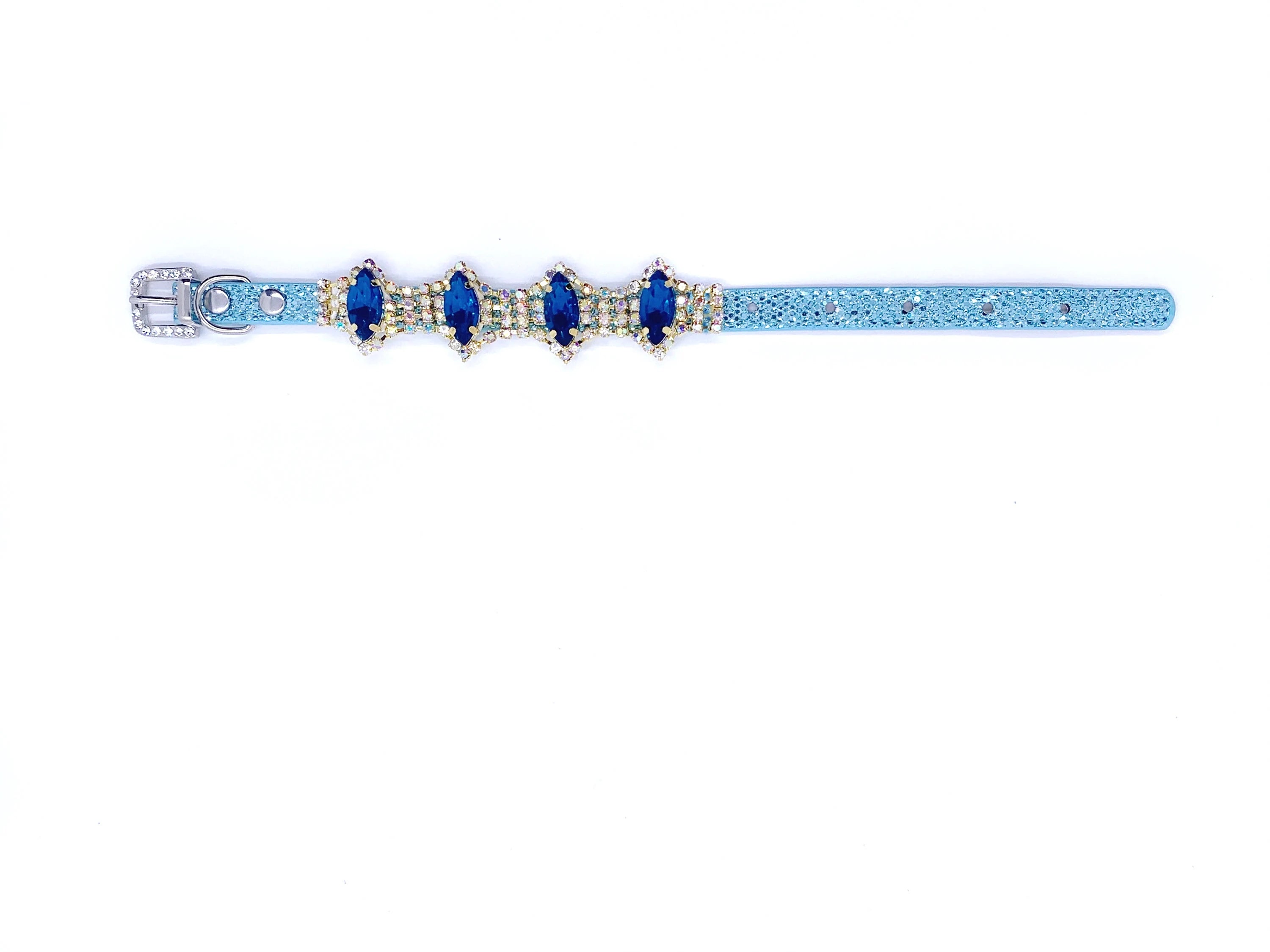 Baby blue glitter pet collar with triple sapphire blue marquise crystal centerpiece cluster and rhinestone accents laid flat showing full length for cats and dogs