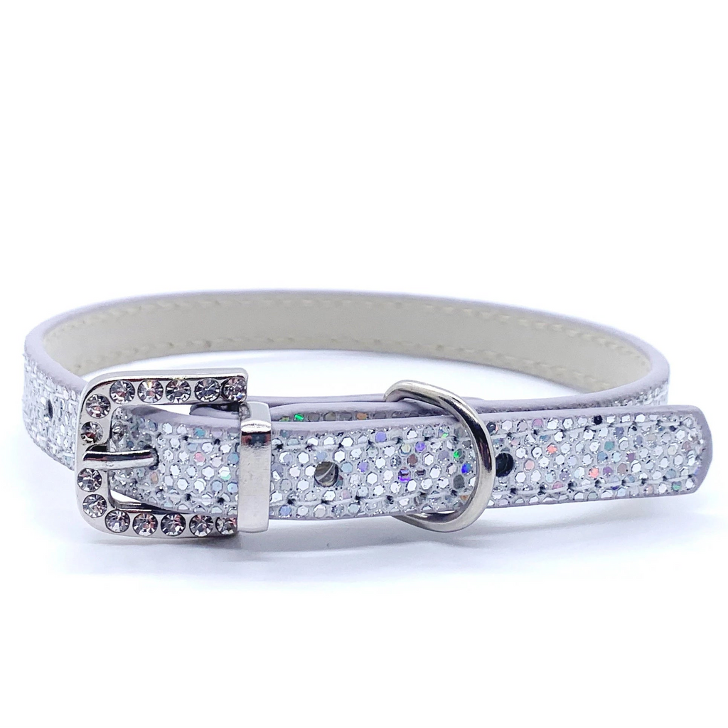 Silver cat collar with rhinestone embellishments on a white background