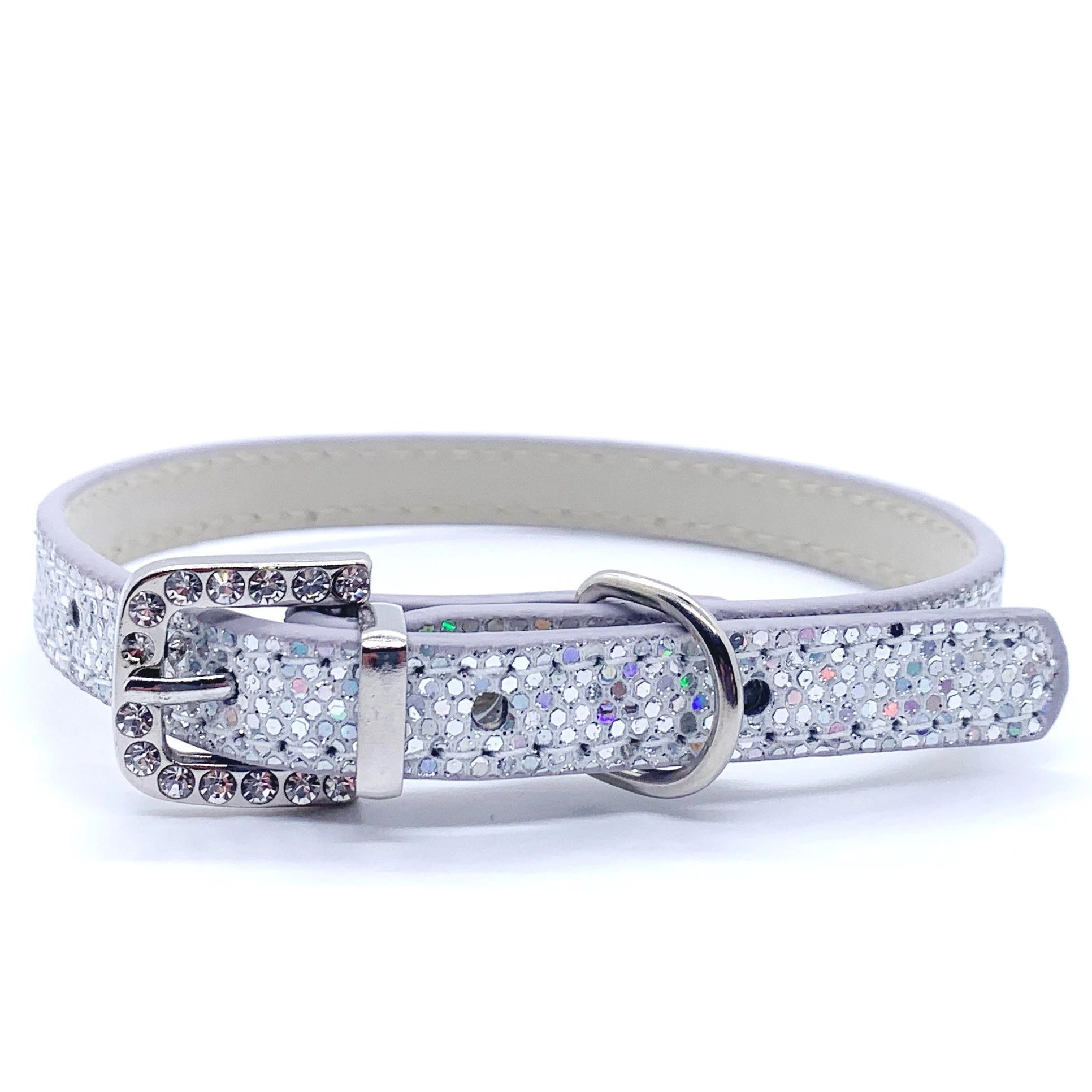 Silver cat collar with rhinestone embellishments on a white background