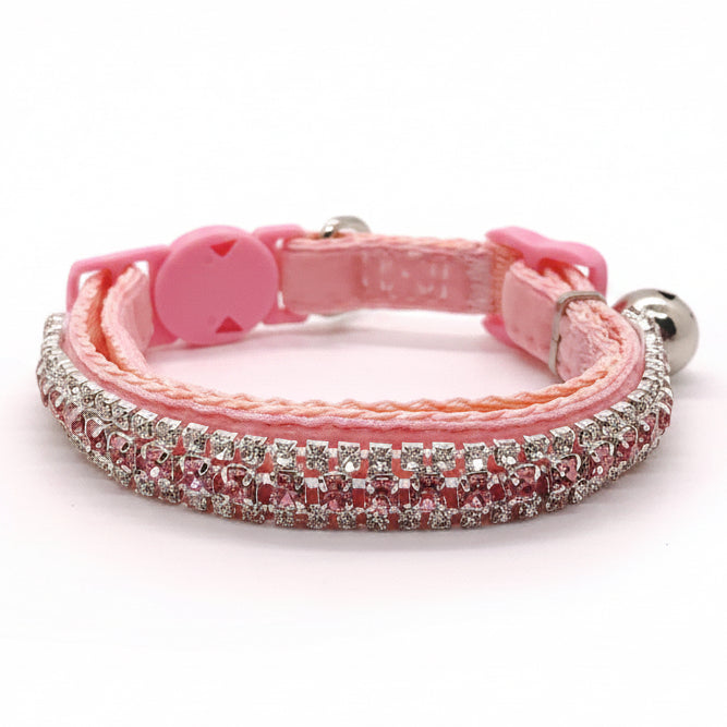 Luxury rhinestone cat collar pink velvet double-row pink crystal safety breakaway bell