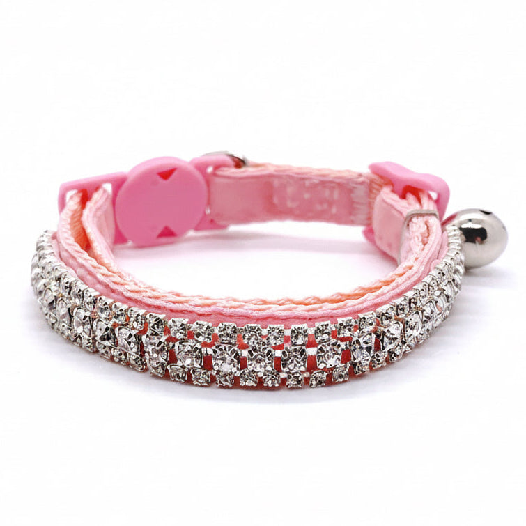 Luxury rhinestone cat collar pink velvet triple-row clear crystal safety breakaway bell