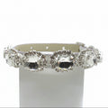Luxury crystal pet collar white leather large oval clear gemstone halo rhinestone band for cats and dogs