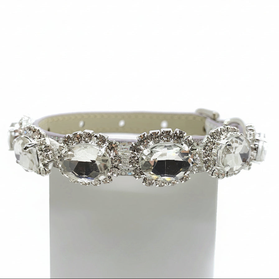 Luxury crystal pet collar white leather large oval clear gemstone halo rhinestone band for cats and dogs