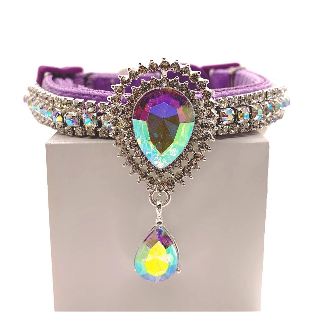 Purple velvet pet collar with double-row crystal rhinestone band, aurora borealis iridescent teardrop centerpiece brooch, and dangling AB crystal teardrop charm for cats and dogs