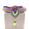 Purple velvet pet collar with double-row crystal rhinestone band, aurora borealis iridescent teardrop centerpiece brooch, and dangling AB crystal teardrop charm for cats and dogs