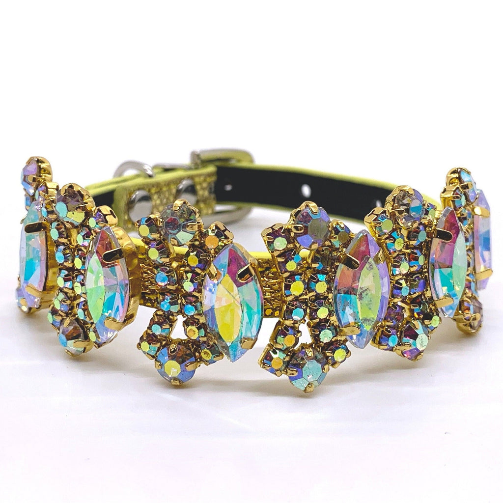Luxury aurora borealis iridescent marquise rhinestone pet collar with gold settings on yellow gold leather band for cats and dogs