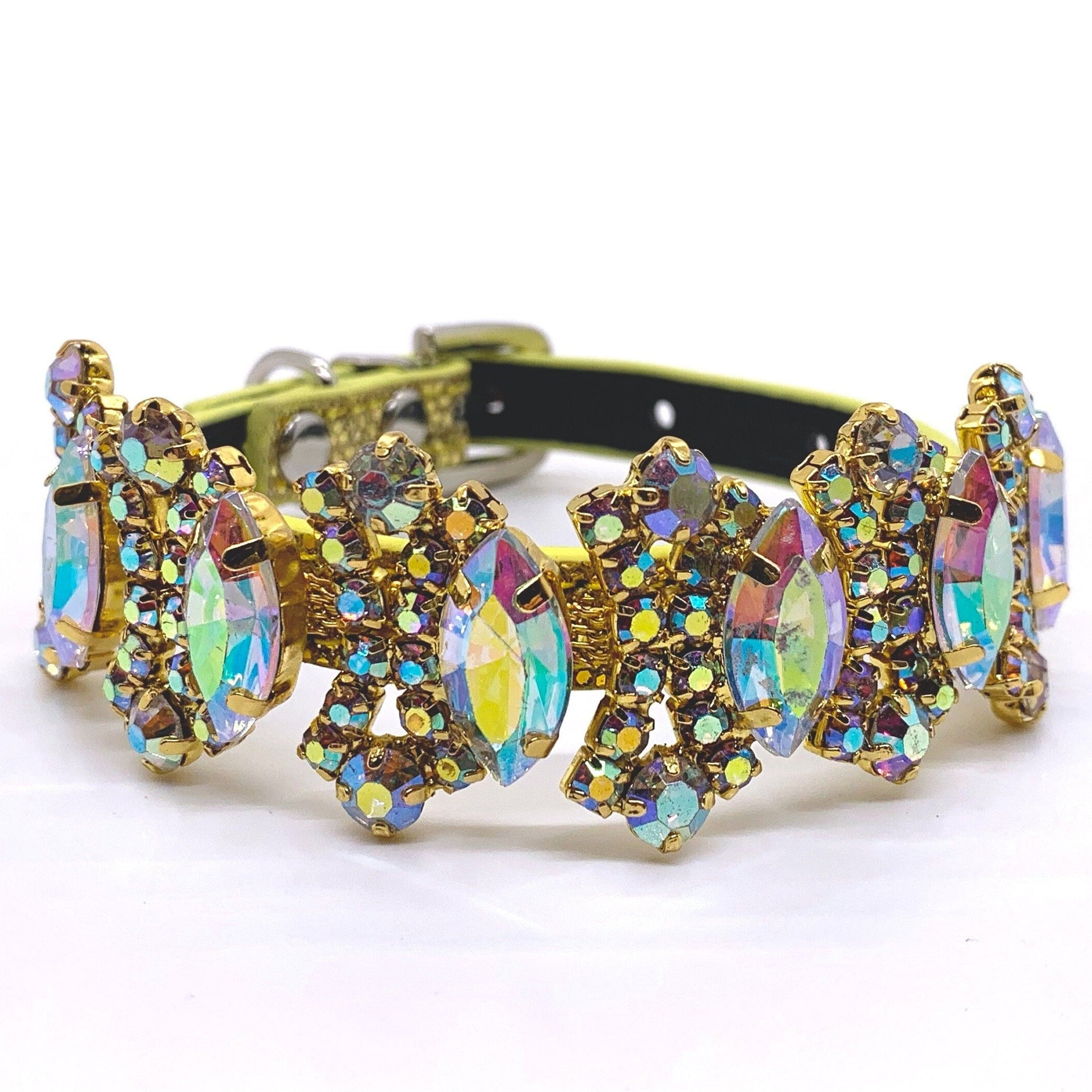 Luxury aurora borealis iridescent marquise rhinestone pet collar with gold settings on yellow gold leather band for cats and dogs