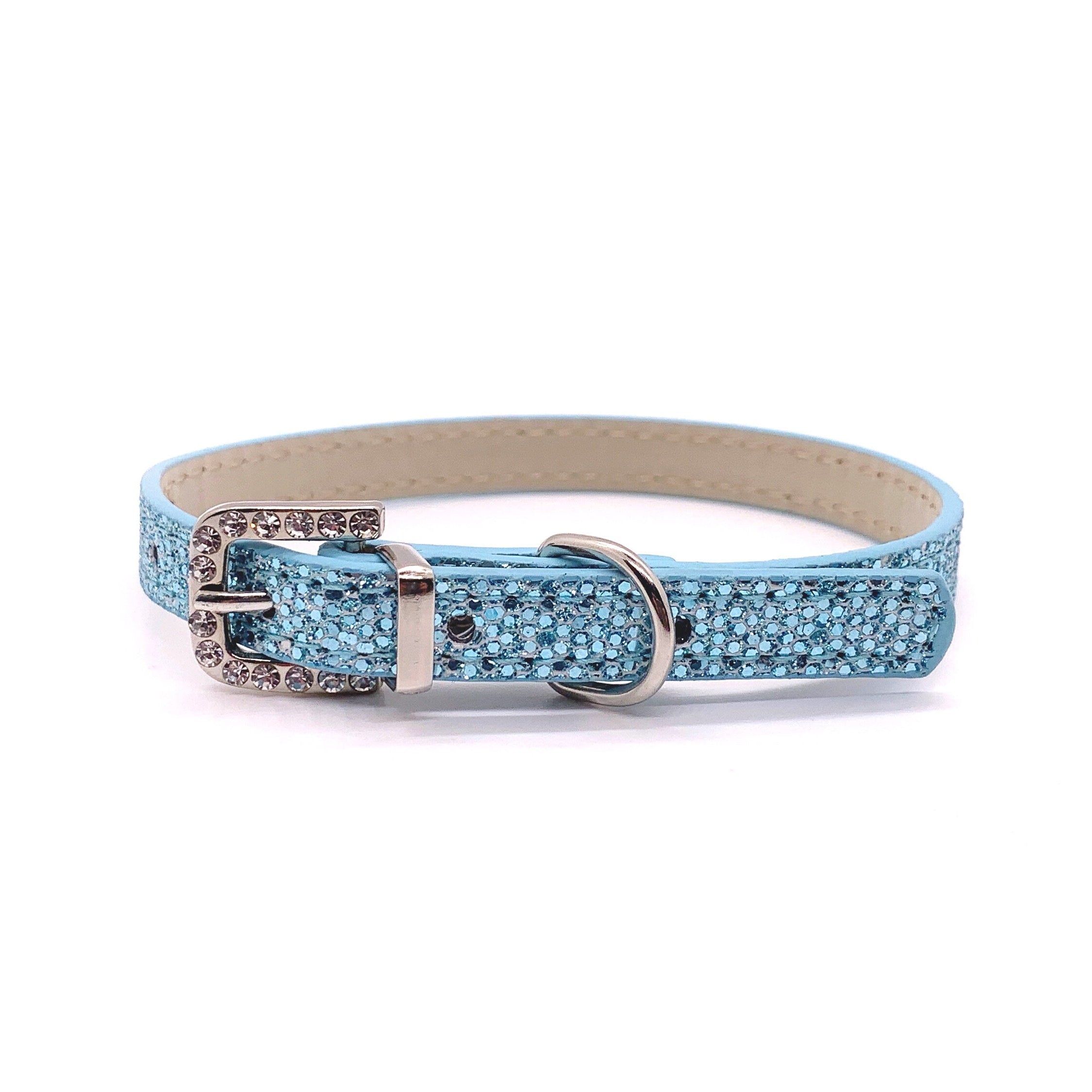 Blue glittery dog collar with a silver buckle on a white background