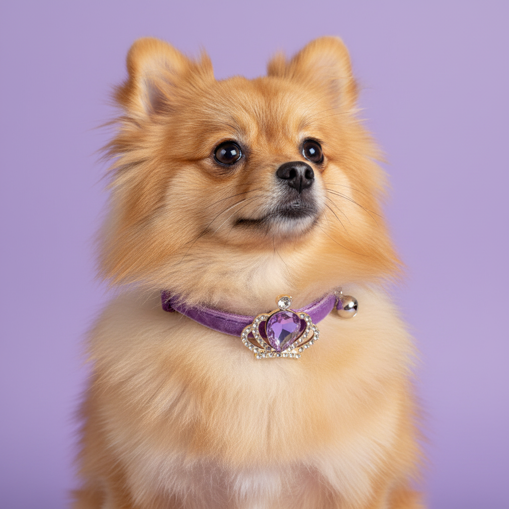 Small dog wearing a purple collar with a crown-shaped charm on a purple background