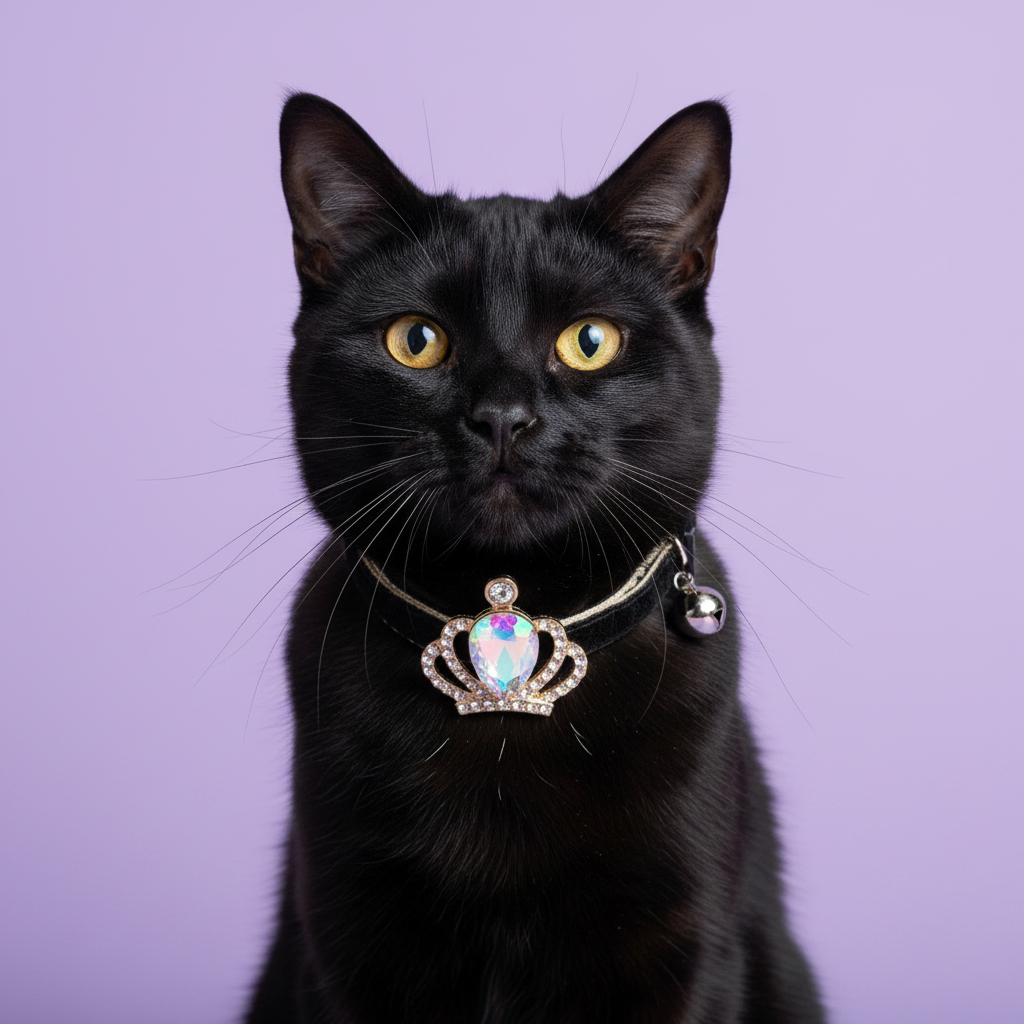 A black cat wearing a silver crown-shaped collar with a colorful iridescent jewel and a small silver bell, set against a solid lavender background.