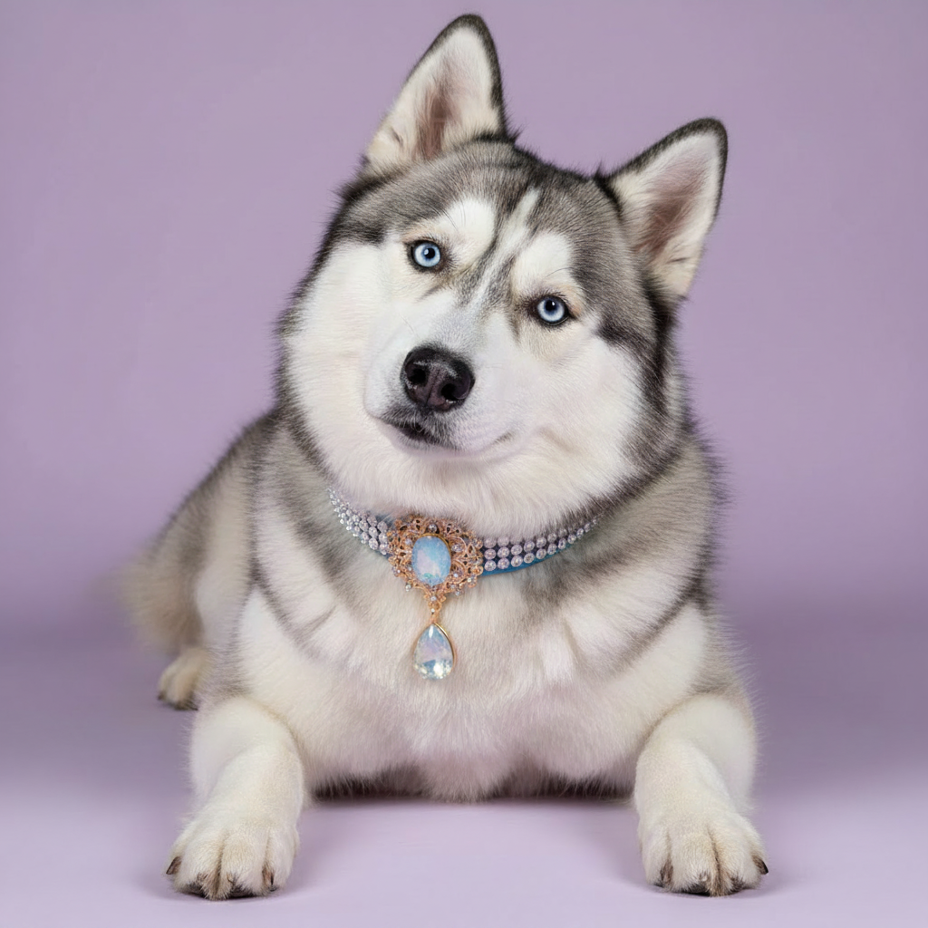 A Siberian husky dog with blue eyes wearing an ornate jeweled collar, lying down against a solid lavender-purple background.