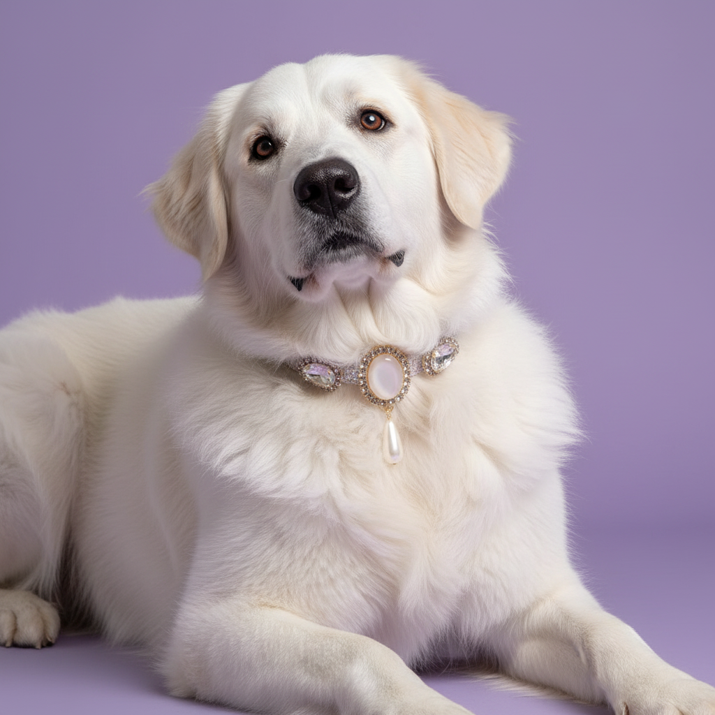 Luxury silver rhinestone dog collar with pearl oval crystal embellishments and pearl dangle pendant on cream Golden Retriever — Pretty Posh Pets