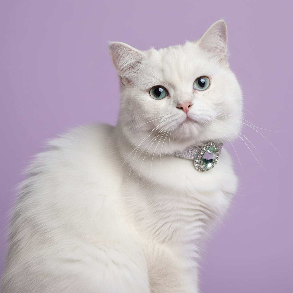 A fluffy white cat wearing a jeweled collar, photographed against a solid lavender-purple background.