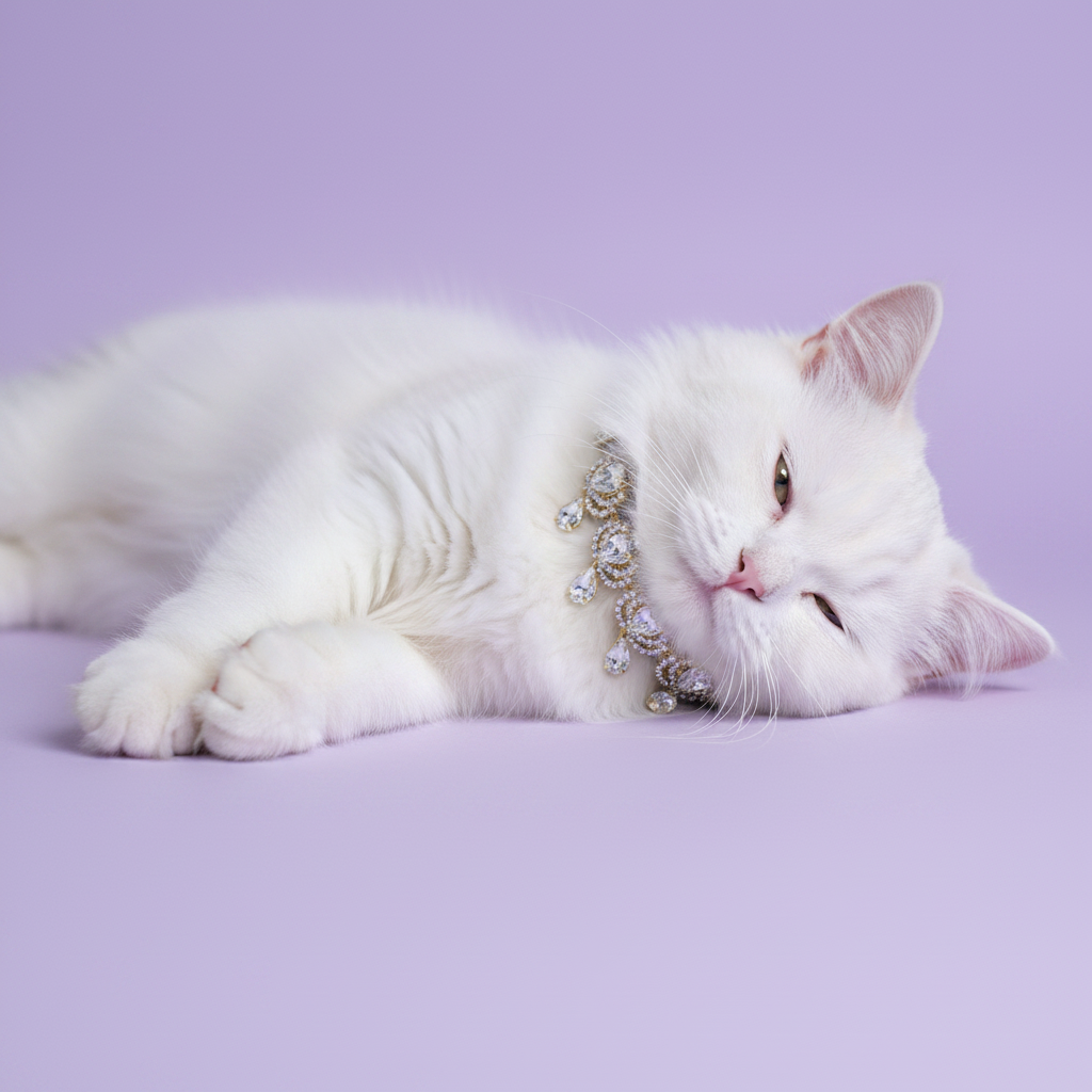A white cat lying down on a solid lavender-purple background, wearing a sparkling silver collar adorned with clear rhinestones.