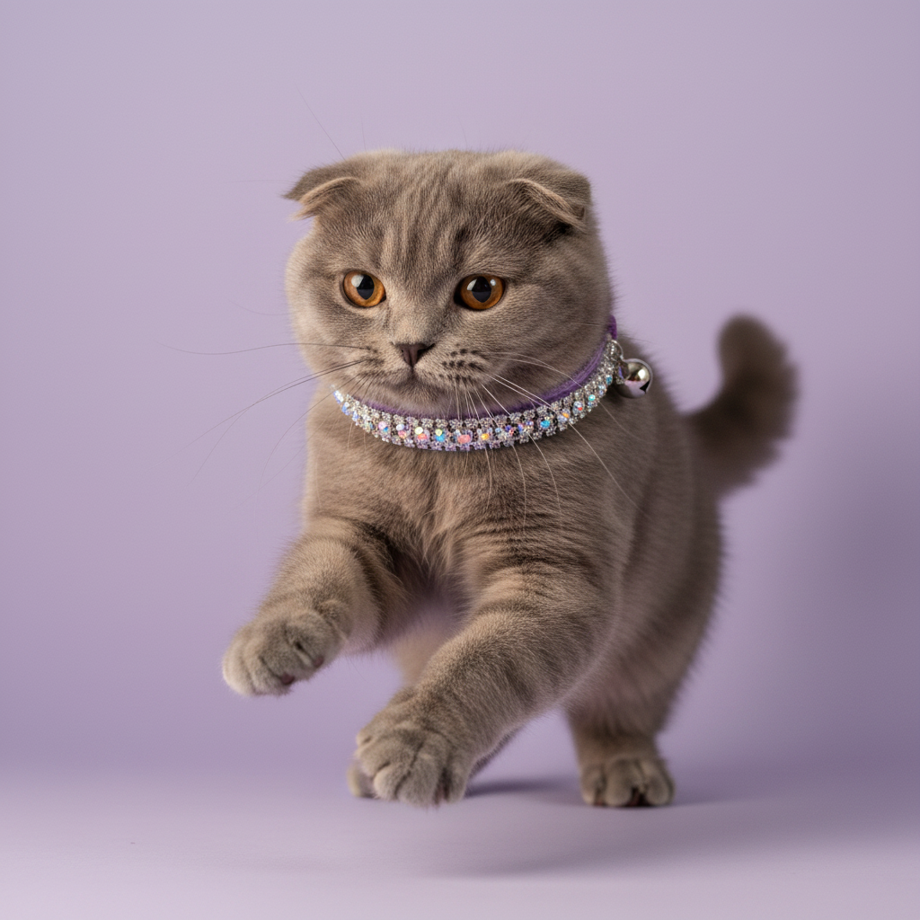 Scottish Fold cat walking and wearing a purple aurora borealis rhinestone collar with silver bell on lavender background