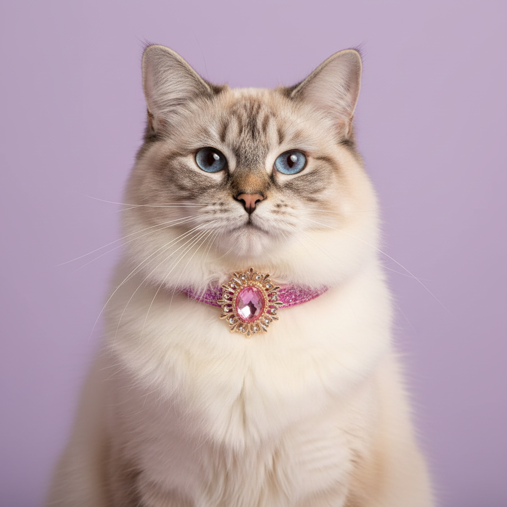 A fluffy cream-colored cat with blue eyes wearing a pink collar with a jeweled gold-tone ornament, set against a solid lavender background.