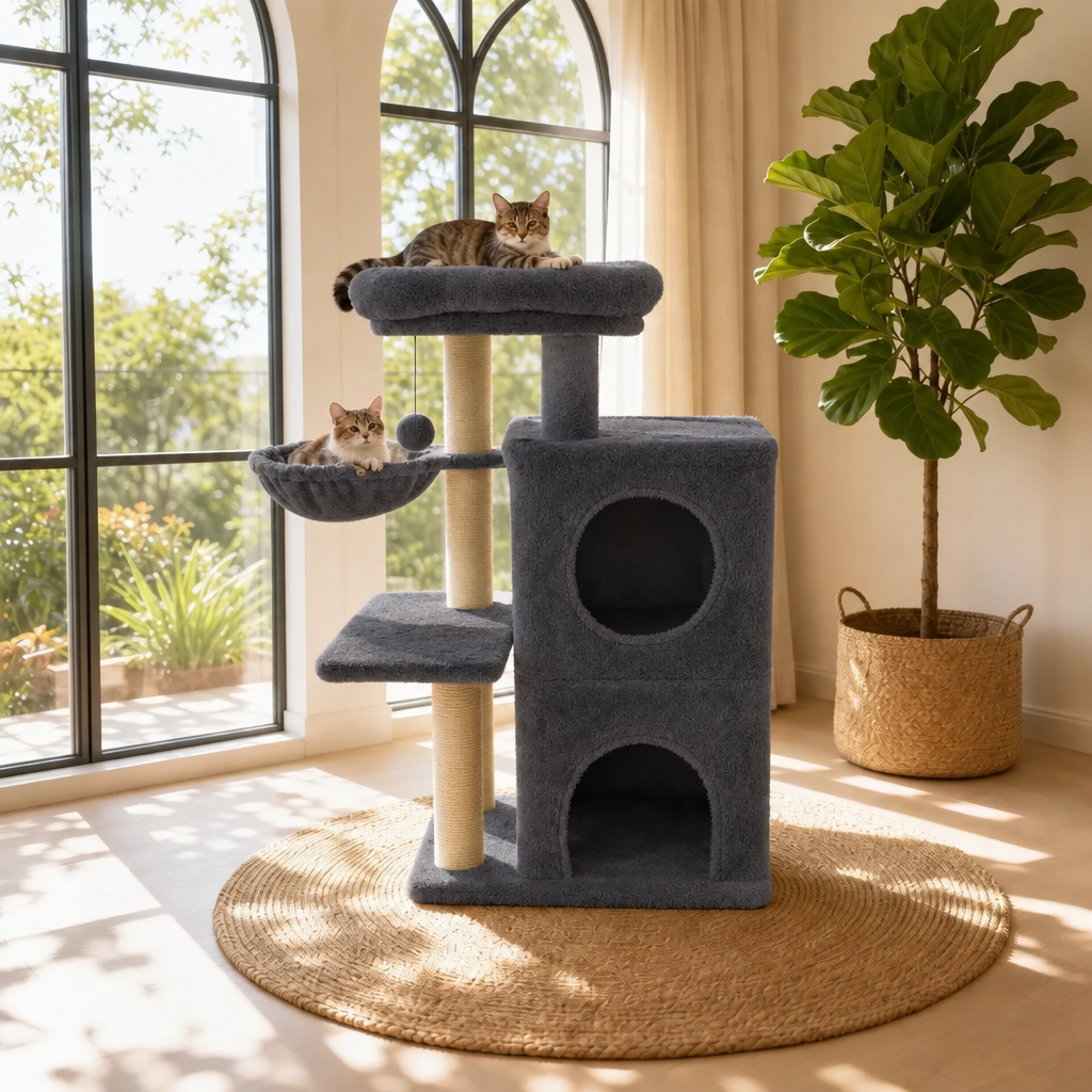 Dark gray cat tree with two cats in front of arched windows in a bright living room