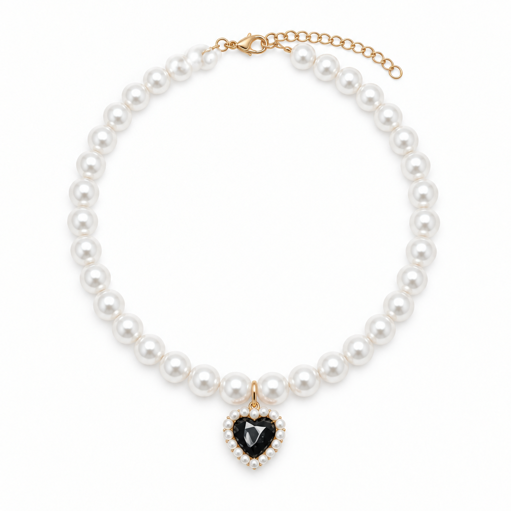 Faux pearl pet necklace collar with black heart pendant on white
