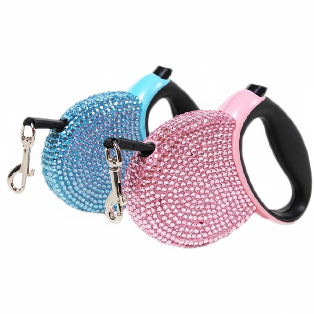 Square product image of blue and pink rhinestone retractable dog leashes on a white background