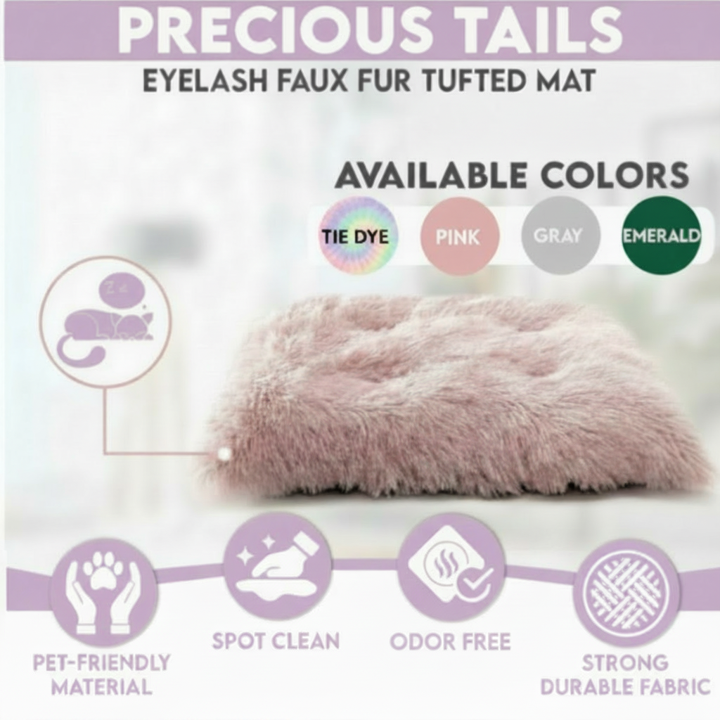 Precious Tails brand infographic for the Eyelash Faux Fur Tufted Mat showing a dusty mauve tufted square mat, available colors (Tie Dye, Pink, Gray, Emerald), and four feature icons: Pet-Friendly Material, Spot Clean, Odor Free, and Strong Durable Fabric