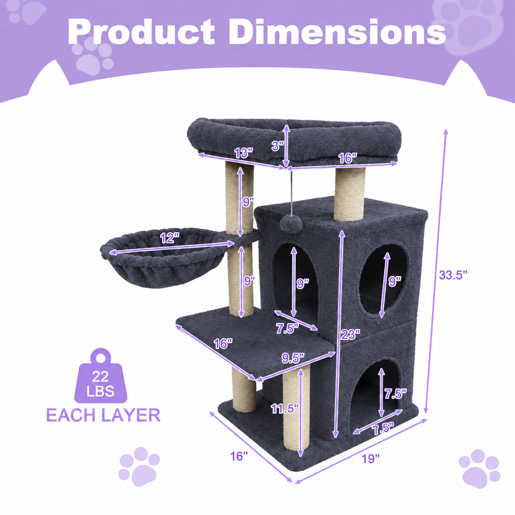 Dark gray cat tree product dimensions infographic with original measurements and lavender accents