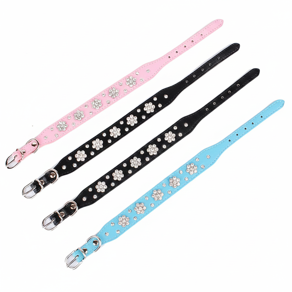 Pink, black, and blue rhinestone flower pet collars with silver buckles