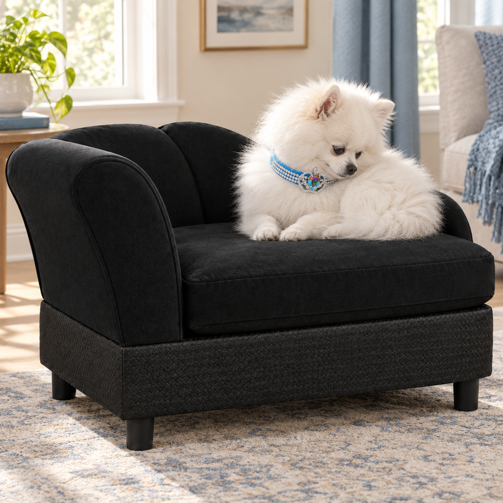 White Pomeranian relaxing on a black pet couch