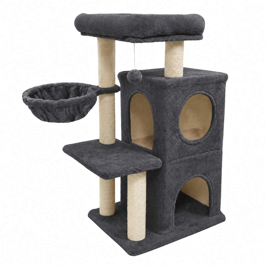Dark gray 33.5-inch cat tree with two-tier condo and padded perch on a white background