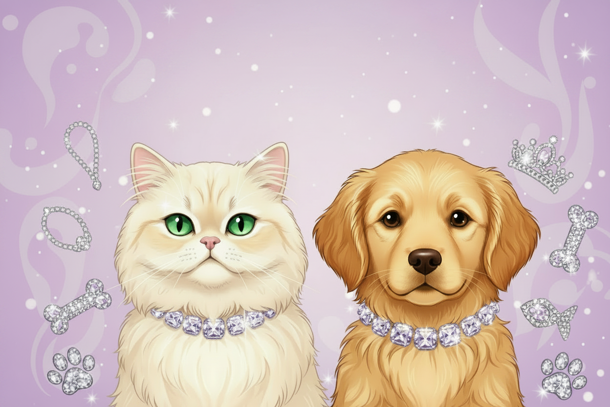 Pretty Posh Pets luxury pet accessories lifestyle image — glamorous rhinestone collars and premium jewelry for cats and dogs styled with elegance and flair