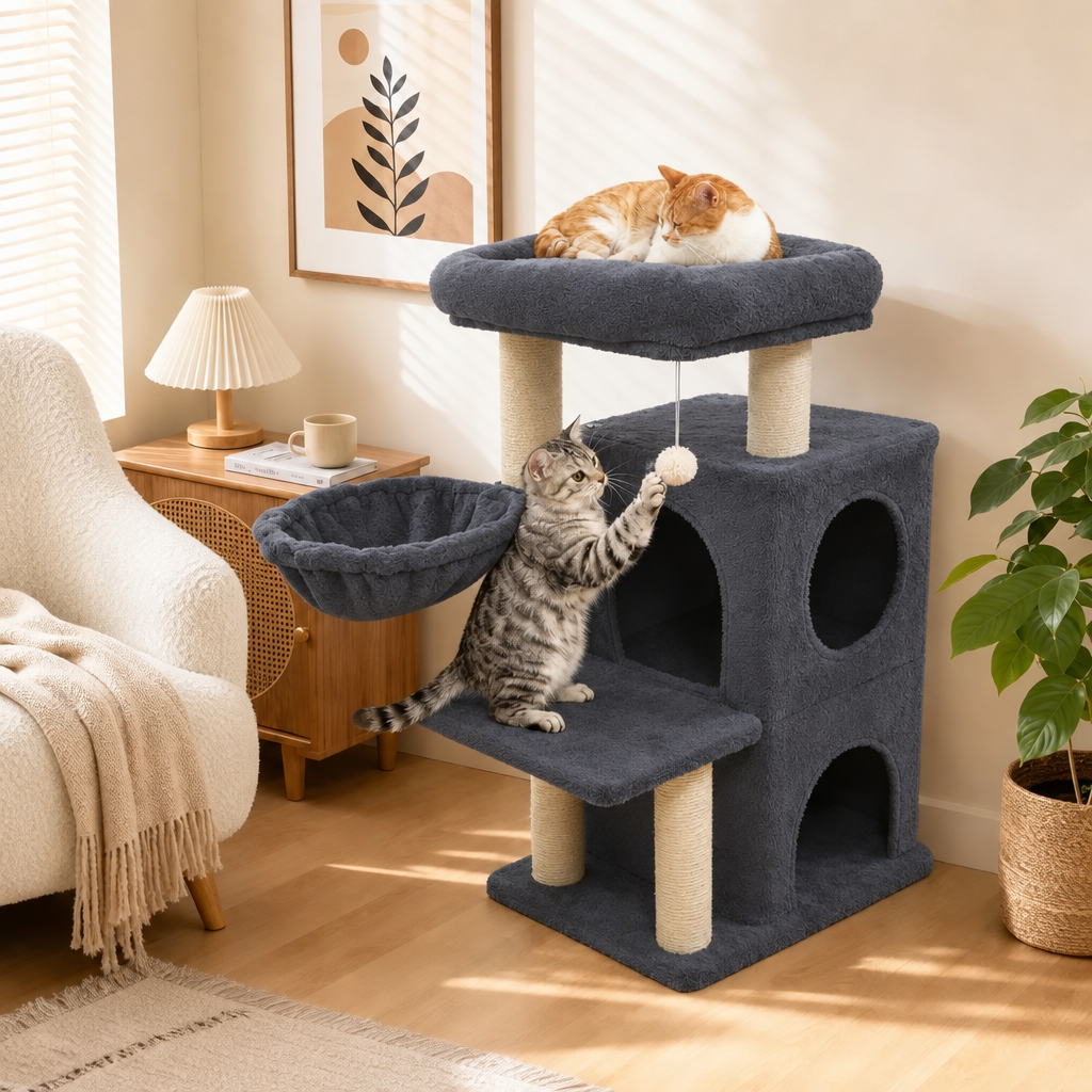 Dark gray cat tree with cats on its padded perch and lower platform in a light neutral living room