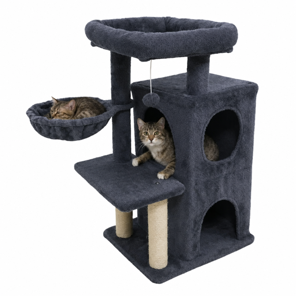 Dark gray cat tree with cats on a white background, beige sisal posts